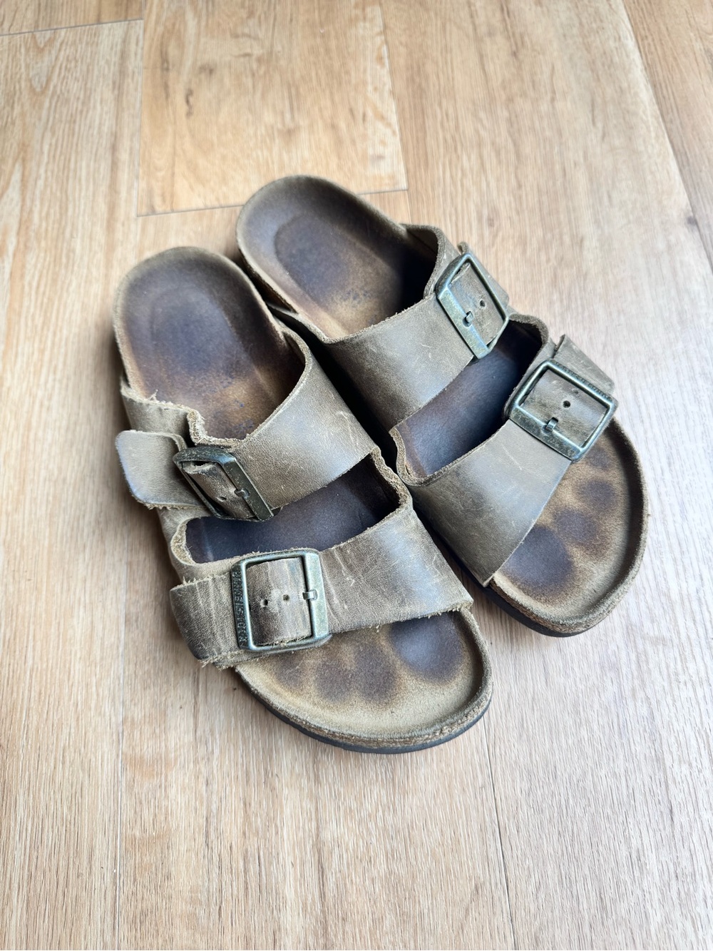Birkenstock Classic Genuine Arizona Leather Two-Strap Sandals in Khaki